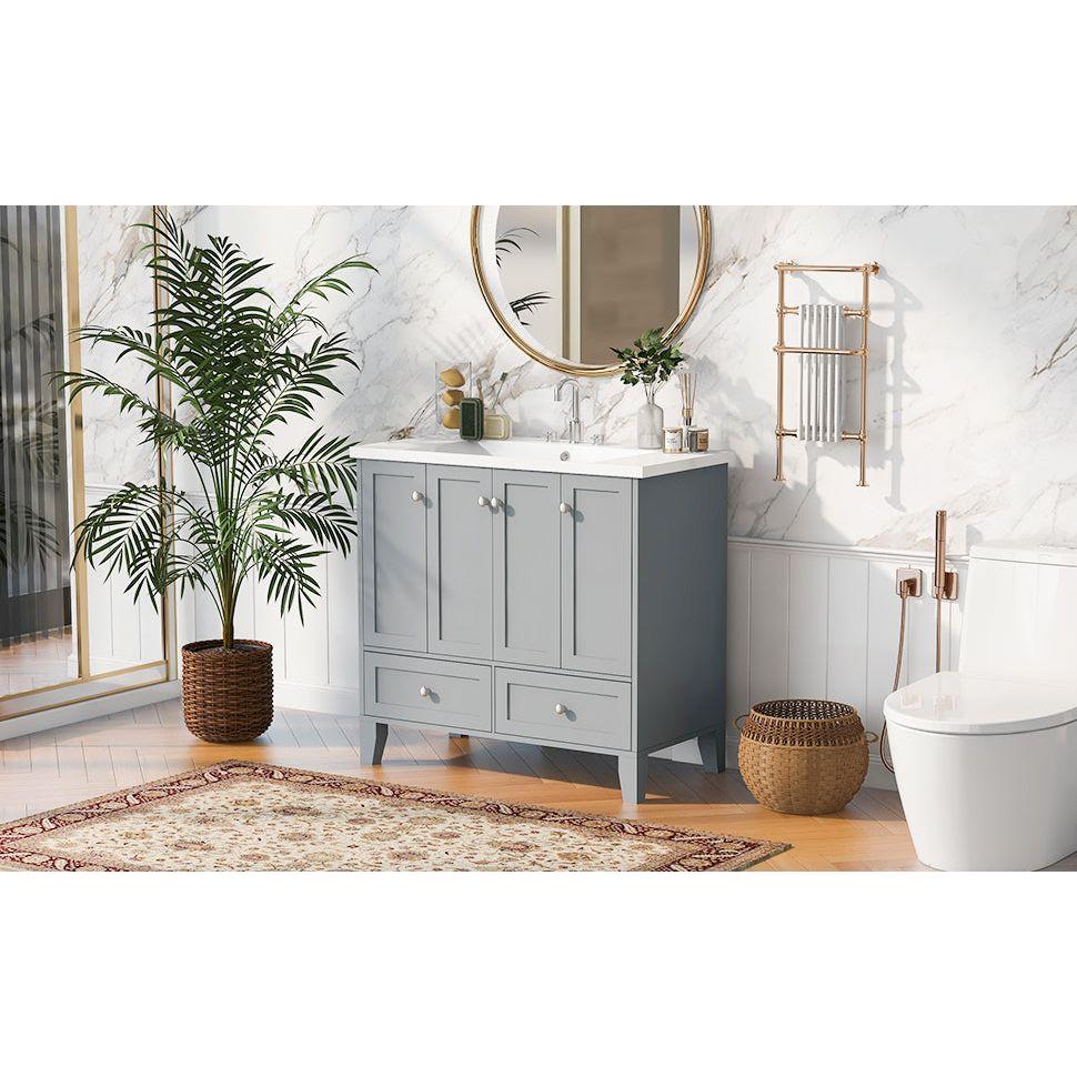 36" Bathroom Vanity with Resin Sink Combo,Solid Wood Frame Bathroom Storage Cabinet, Freestanding Vanity Set with 4 Soft Closing Doors& 2 Drawers