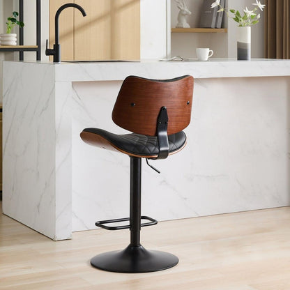Walnut Bentwood Bar Stools Mid Century Modern Adjustable Counter Height Black Leather Upholstered 360Swivel Bar Chairs for Kitchen Island/Dining Room/Cafe, 1 chair/1carton,Black