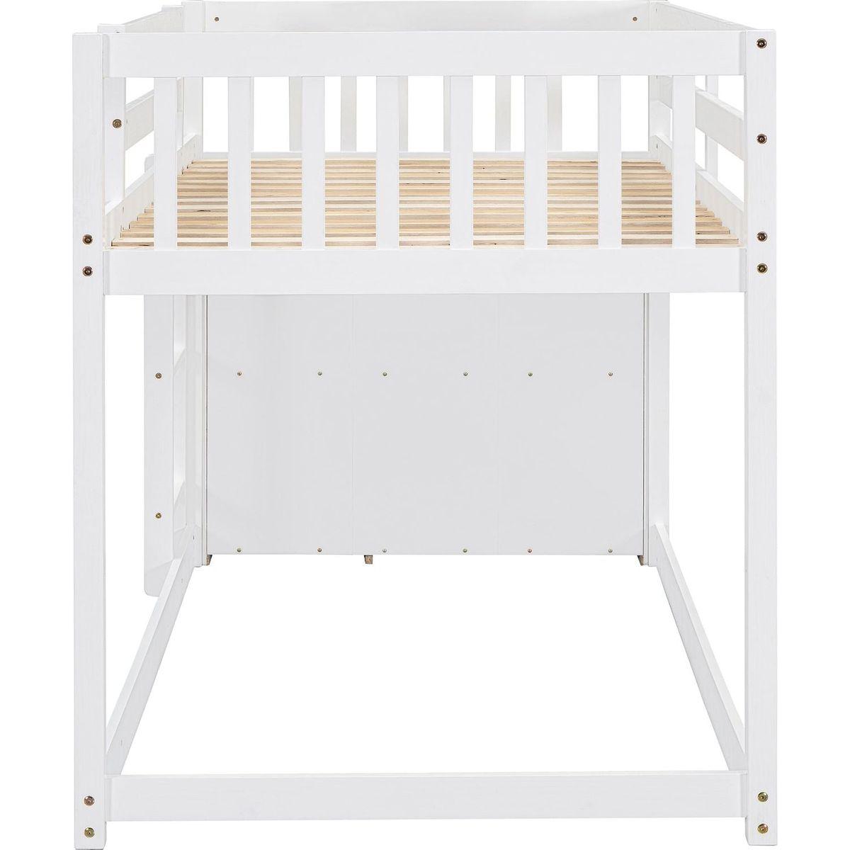 Twin over Twin Bunk Bed with 4 Drawers and 3 Shelves-White