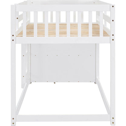 Twin over Twin Bunk Bed with 4 Drawers and 3 Shelves-White
