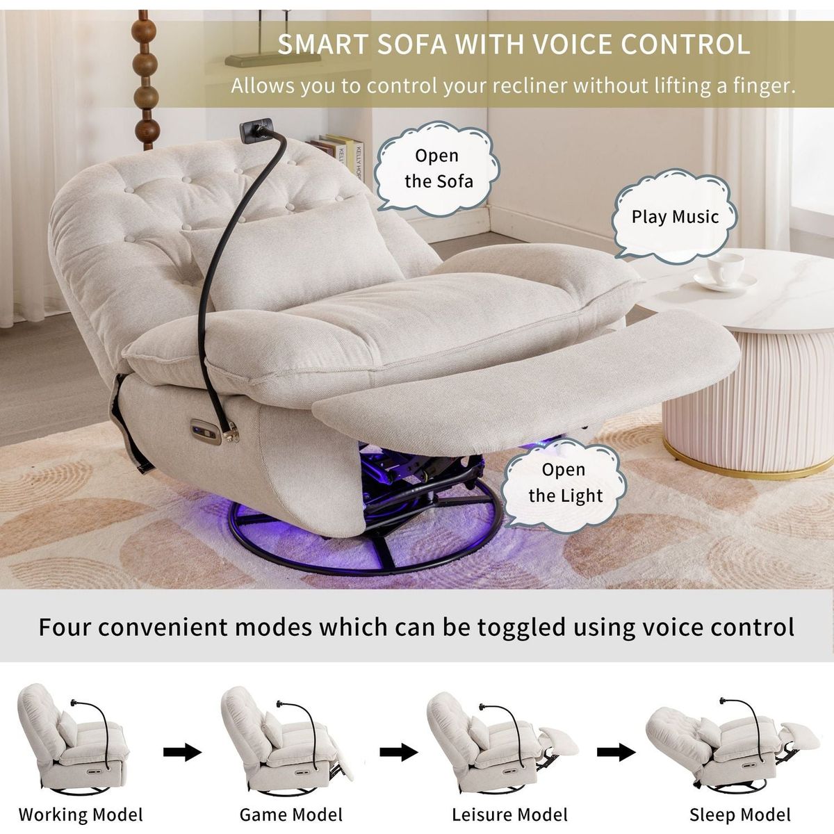 270 Degree Swivel Power Recliner with Voice Control, Bluetooth Music Player,USB Ports, Atmosphere Lamp, Hidden Arm Storage and Mobile Phone Holder for Living Room, Bedroom, Apartment, Beige