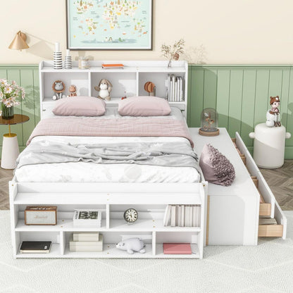 Full Bed with Bookcase Headboard, Under bed Storage Drawers and Bed End Storage Case,White