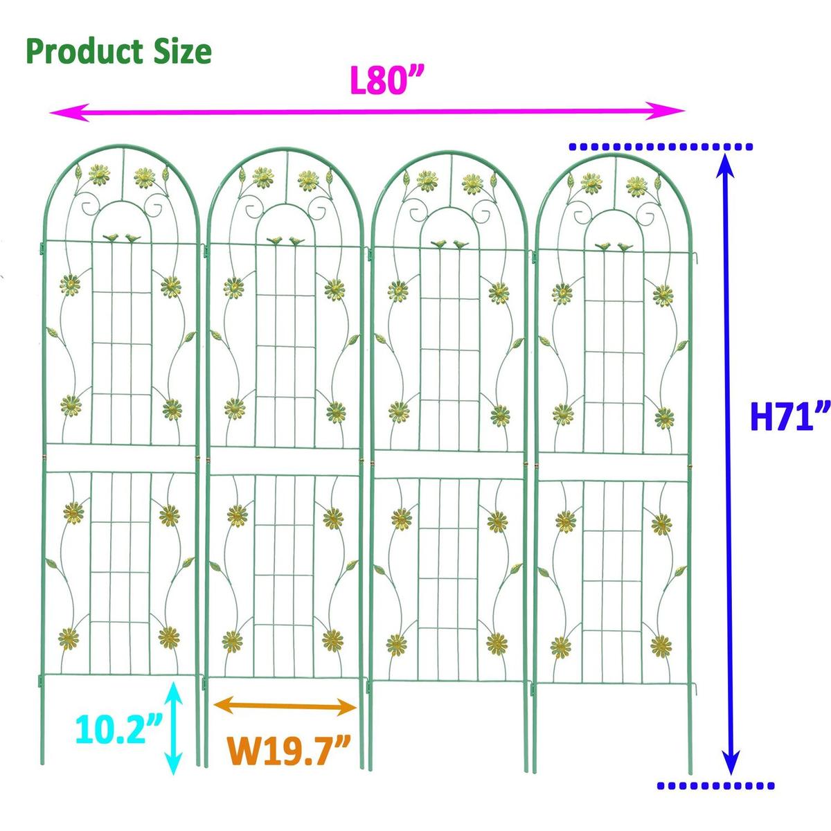 4 Pack Metal Garden Trellis 71" x 19.7" Rustproof Trellis for Climbing Plants Outdoor Flower Support Green