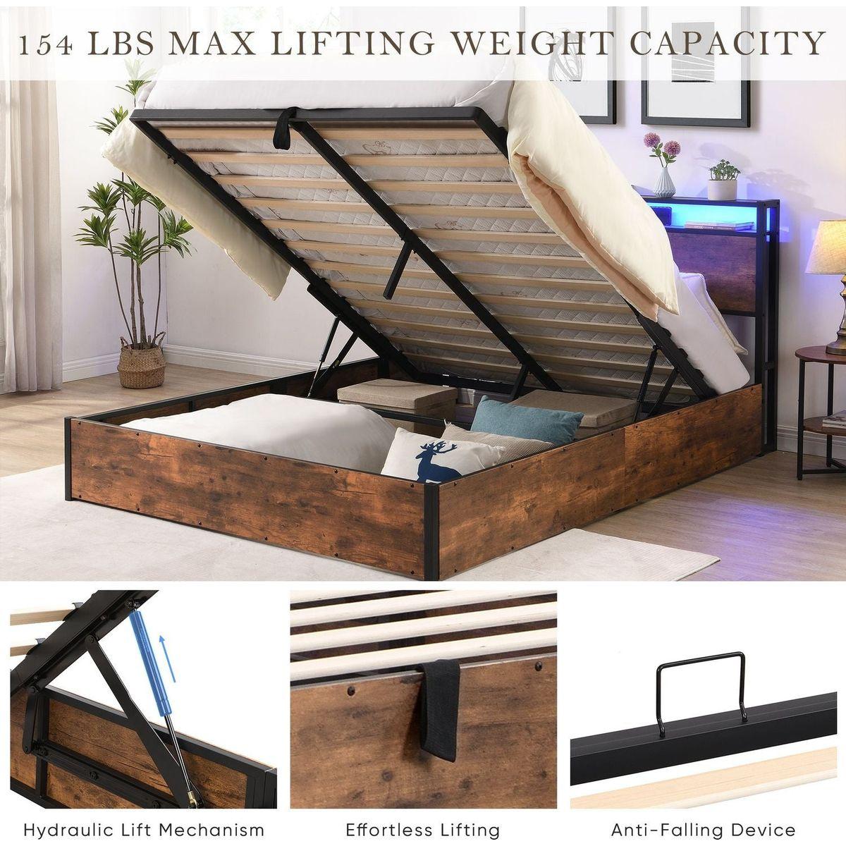 Lift-up Storage Bed Frame, Full Size Bed Frame with Bookcase Headboard & LED Lights, Wooden Platform Bed Frame with Charging Station, No Spring Box Needed, Rustic Brown