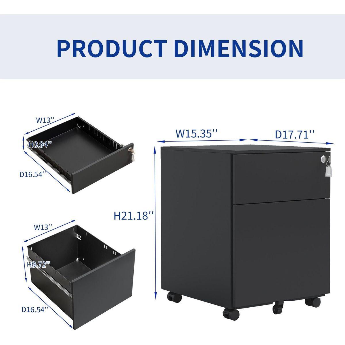 2 Drawer Mobile File Cabinet with Lock Steel File Cabinet for Legal/Letter/A4/F4 Size, Fully Assembled Include Wheels, Home/ Office Design, Black