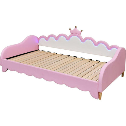 Twin Extending Daybed with LED Lights, Modern Upholstered Princess Daybed With Crown Headboard,Pink
