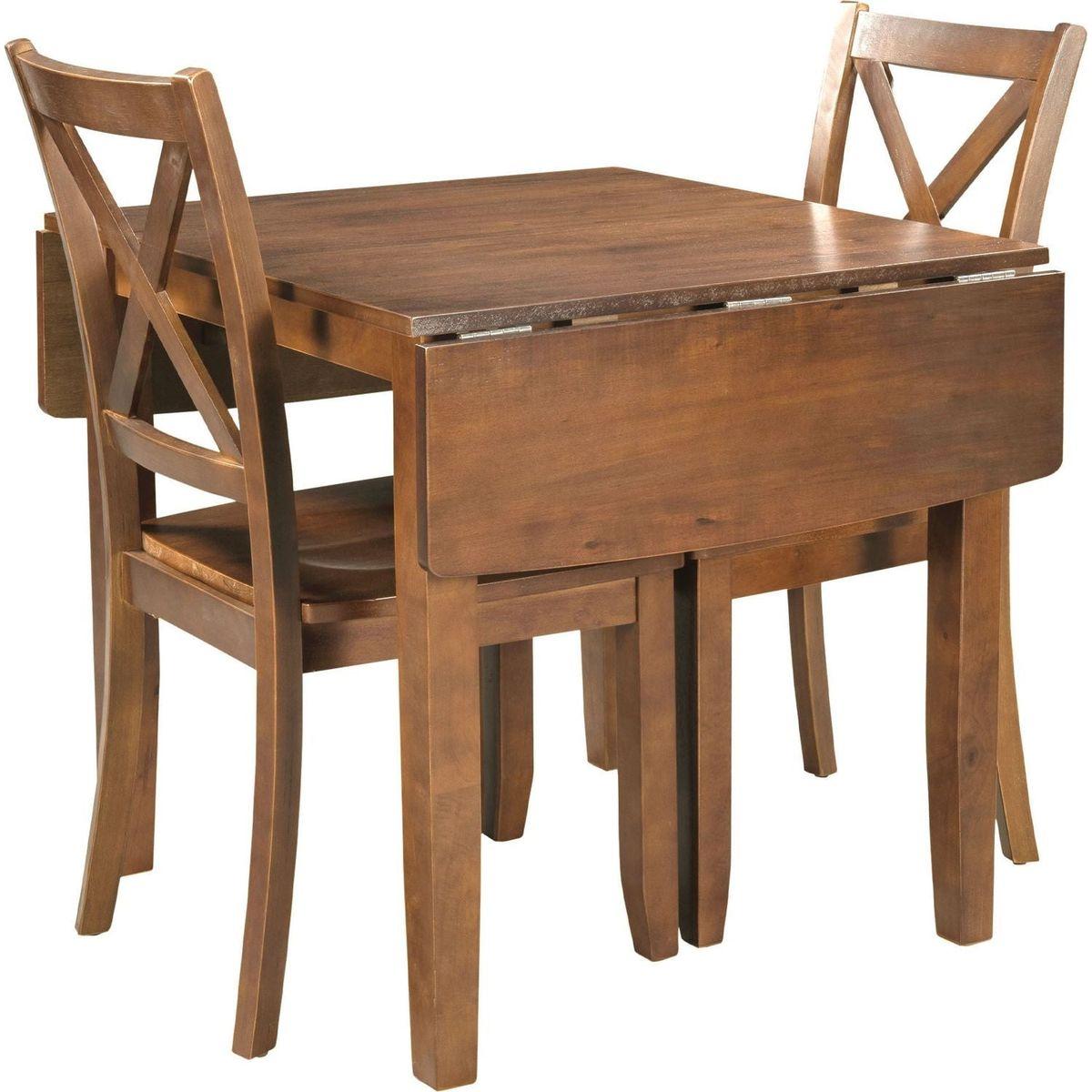 3-Piece Wood Drop Leaf Breakfast Nook Dining Table Set with 2 X-back Chairs for Small Places, Brown