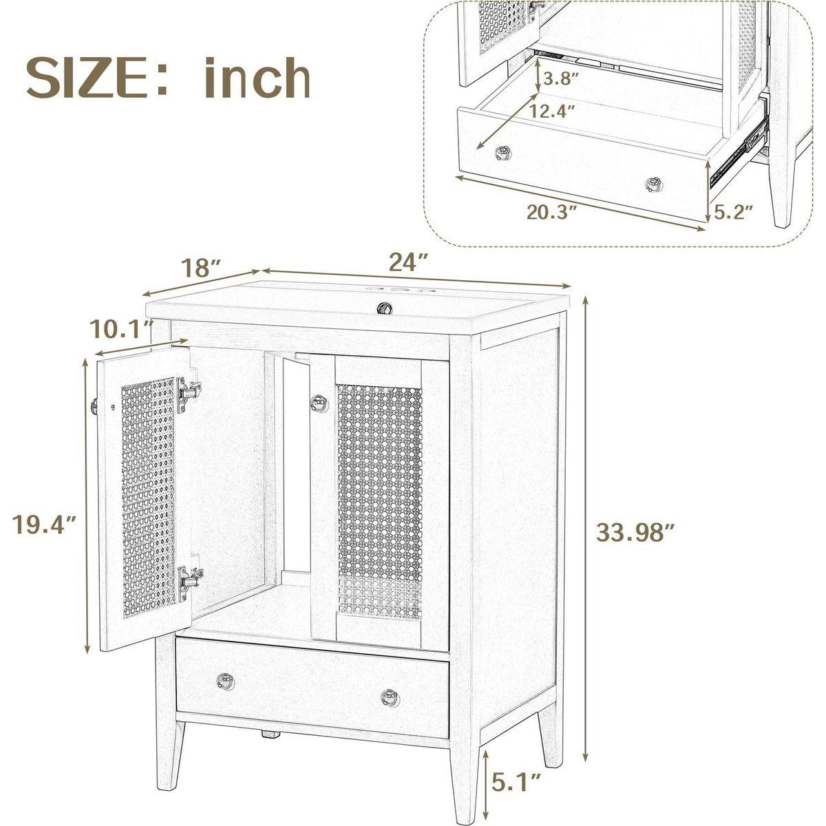 24" Bathroom Vanity with Ceramic Basin, Rattan Bathroom Storage Cabinet with Two Doors and Drawer, Solid Frame, Natural