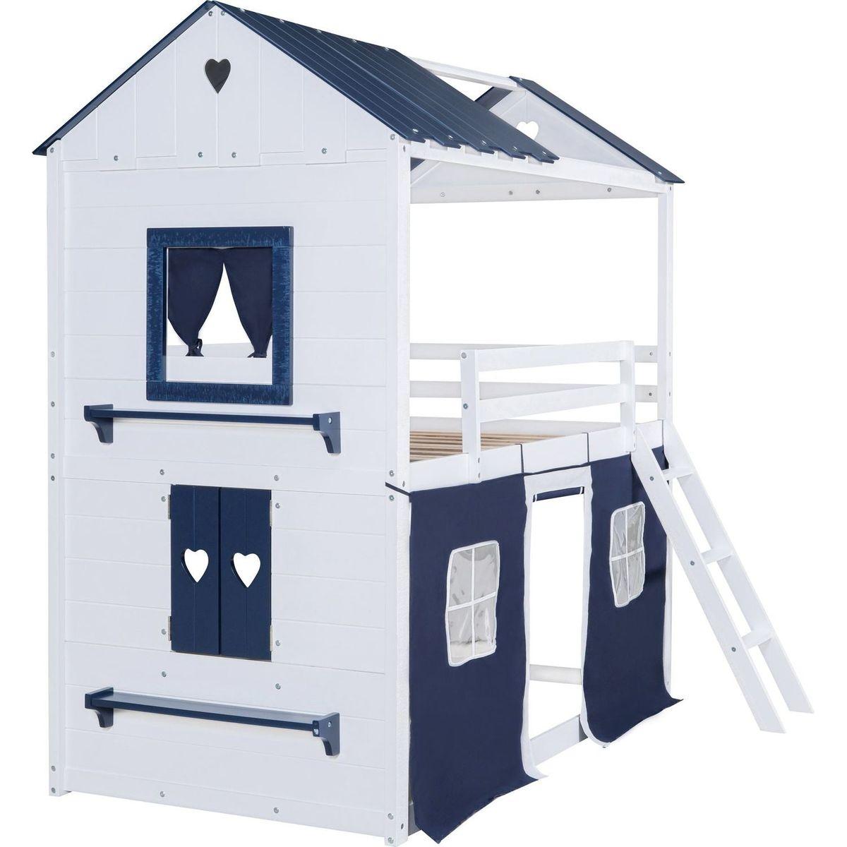Twin Size Bunk Wood House Bed with Elegant Windows, Sills and Tent, Blue+White