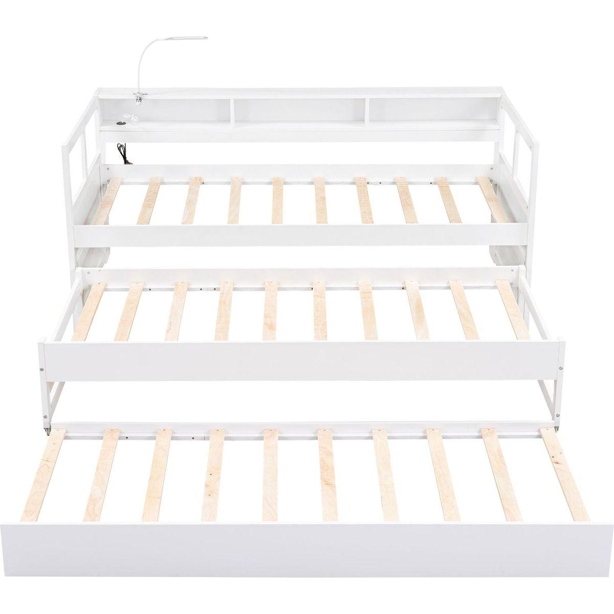 Twin XL Wood Daybed with 2 Trundles, 3 Storage Cubbies, 1 Light for Free and USB Charging Design, White