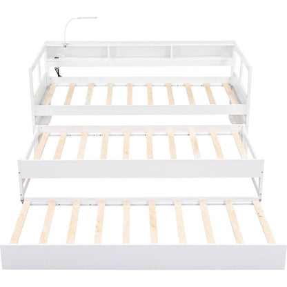 Twin XL Wood Daybed with 2 Trundles, 3 Storage Cubbies, 1 Light for Free and USB Charging Design, White