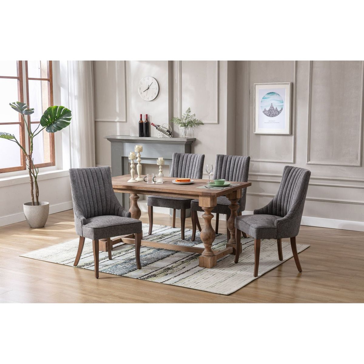 Exquisite Gray Linen Fabric Upholstered Strip Back Dining Chair with Solid Wood Legs 2 Pcs