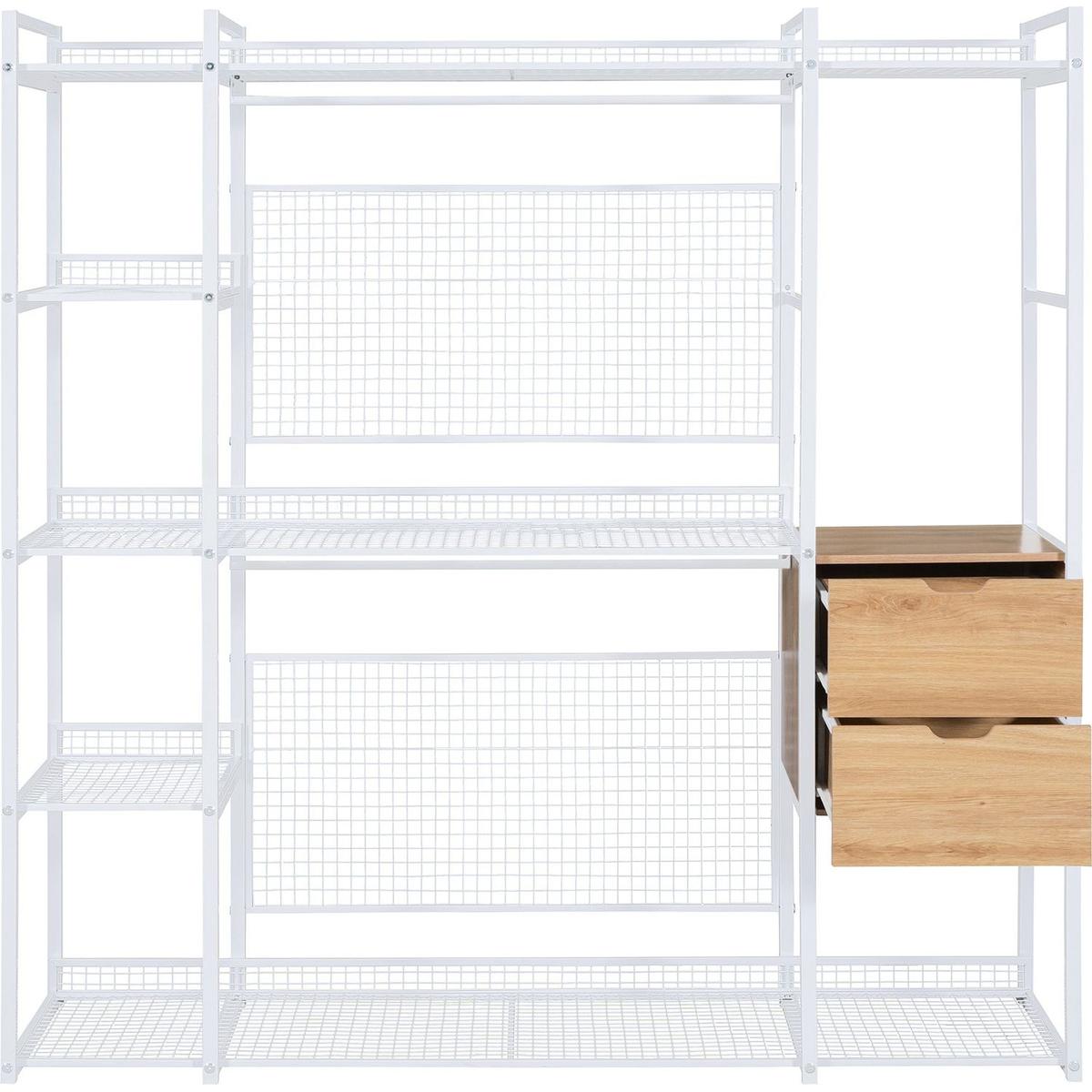 Open-Style Wardrobe with Hanging Rails, Shelves and Drawers, White
