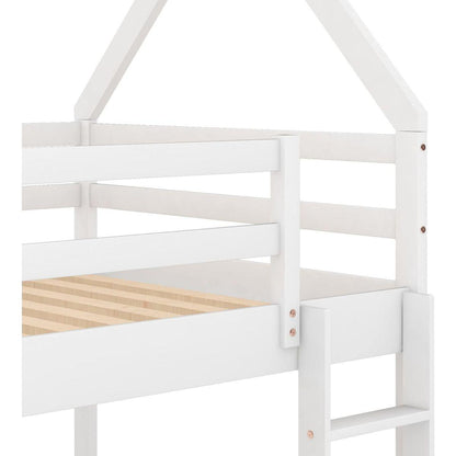 Twin over Twin Low Bunk Bed, House Bed with Ladder, White