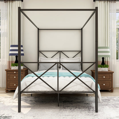 Metal Canopy Bed Frame, Platform Bed Frame with X Shaped Frame Full Black
