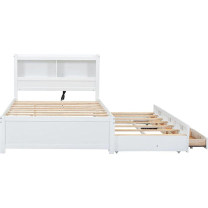 Full Size platform bed with trundle, drawers and USB plugs, White