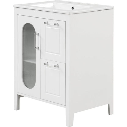 24" Bathroom Vanity with Sink, Bathroom Vanity Cabinet with Two Drawers and Door, Adjustable Shelf, Solid Wood and MDF, White