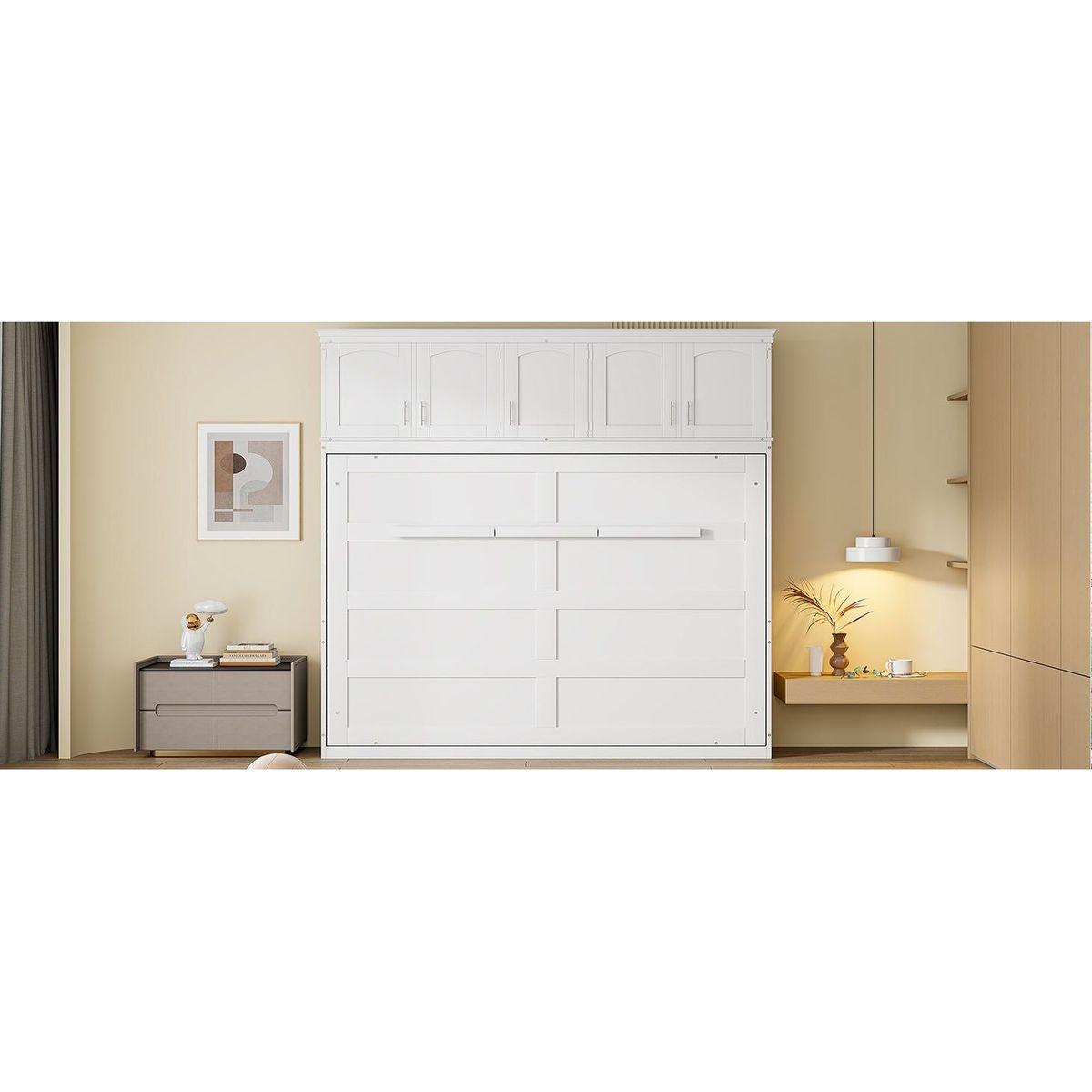 Full Size Murphy Bed Wall Bed with Top Cabinets,White