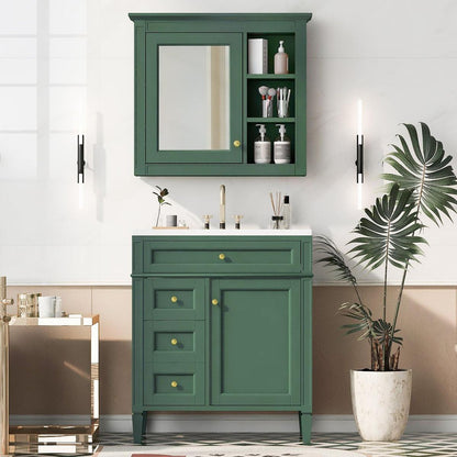 30" Bathroom Vanity with Top Sink, Modern Bathroom Storage Cabinet with 2 Drawers and a Tip-out Drawer, Freestanding Vanity Set with Mirror Cabinet, Single Sink Bathroom Vanity