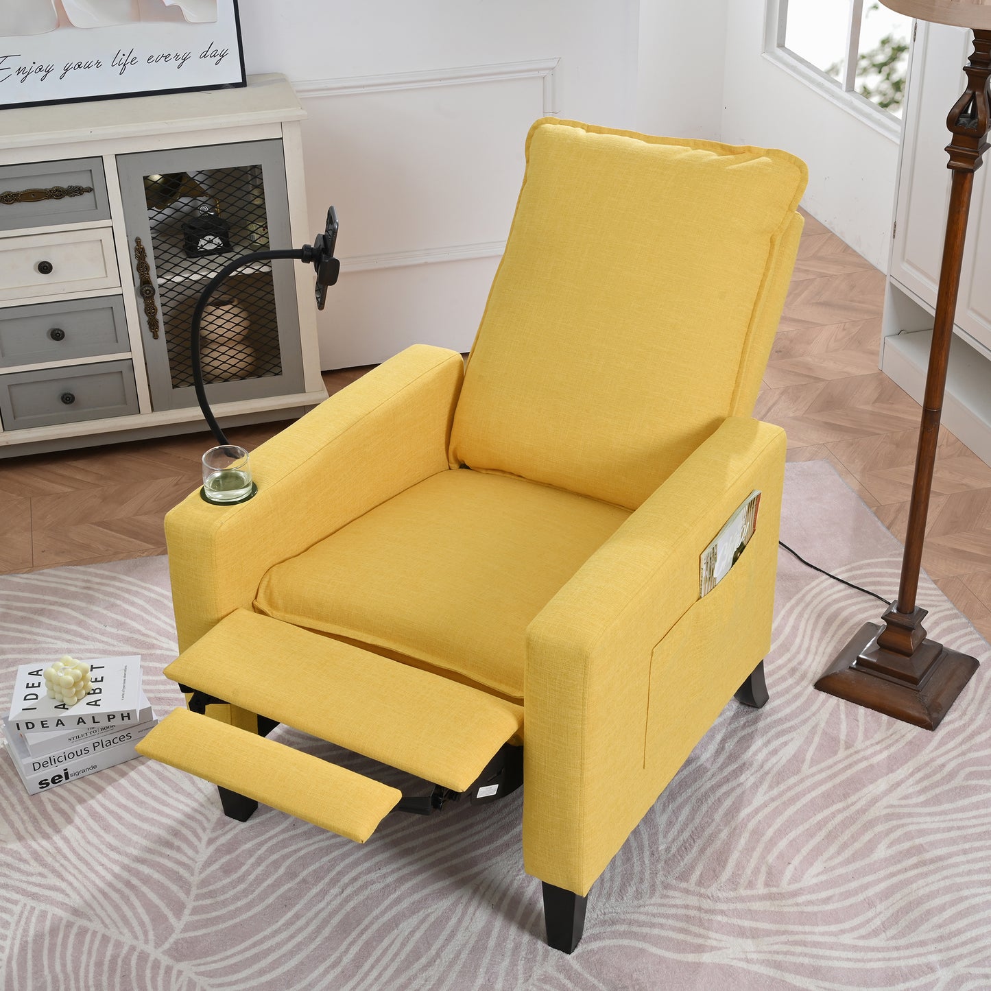 Recliner Chairs for Adults, Adjustable Recliner Sofa with Mobile Phone Holder & Cup Holder, Modern Reclining Chairs Fabric Push Back Recliner Chairs for Living Room, Bedroom, YELLOW