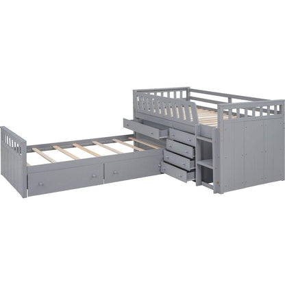 L-shaped Space-Saving Twin Loft and Twin Platform Bed with 7 Drawers and Full Guardrails(GRAY)