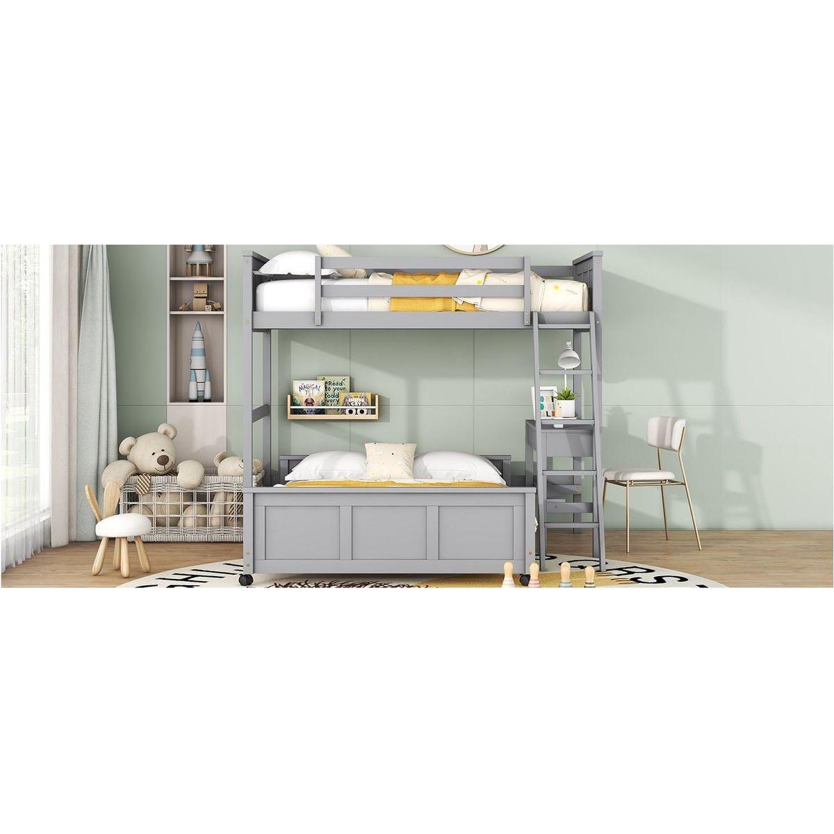 Twin Over Full Bunk Bed with Desk, Gray