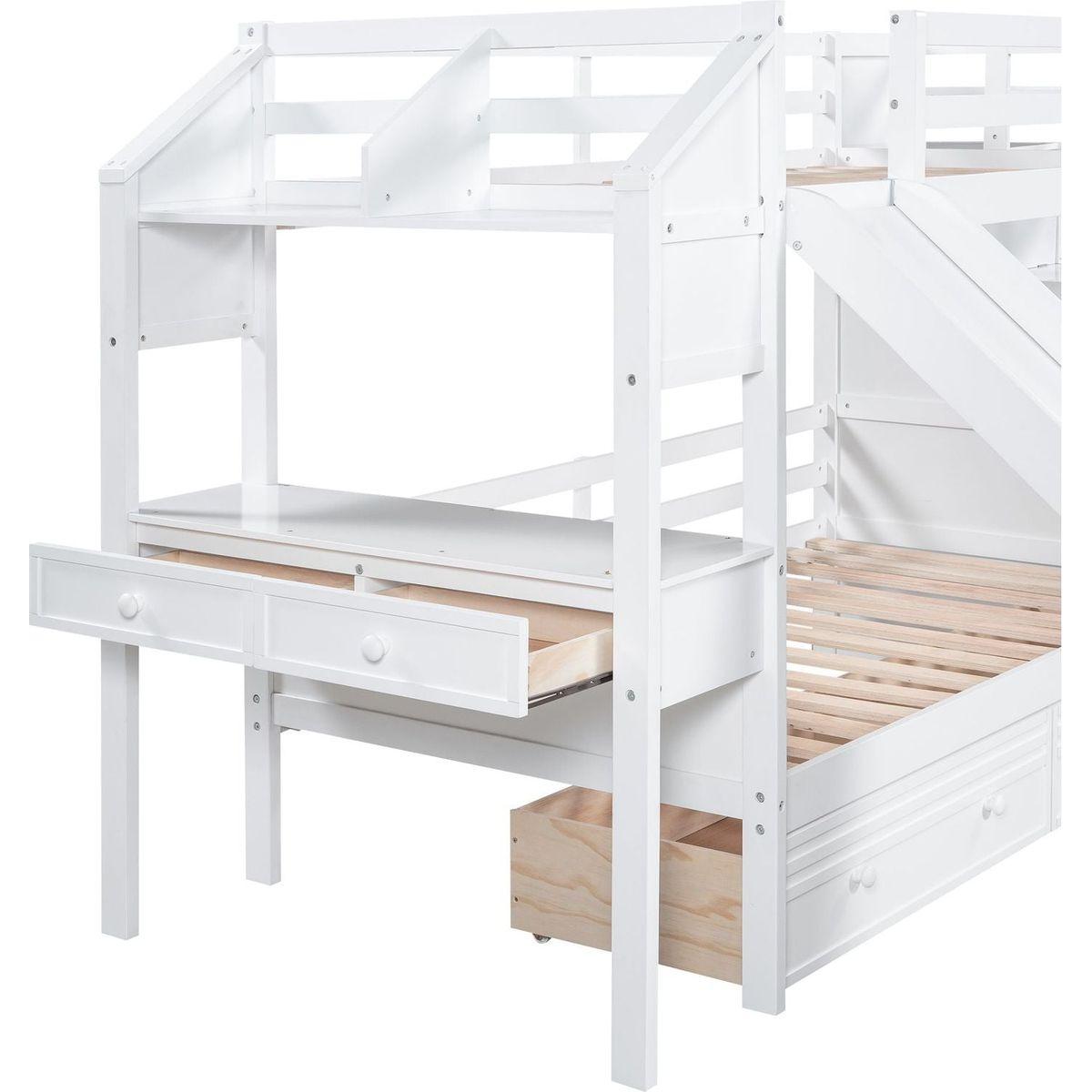 Twin over Twin Bunk Bed with Storage Staircase, Slide and Drawers, Desk with Drawers and Shelves, White