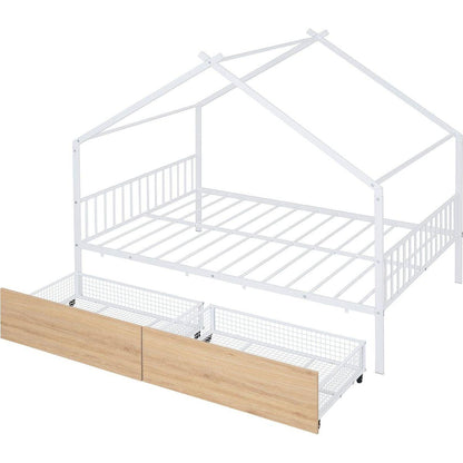 Full Size Metal House Bed with Two Drawers, White