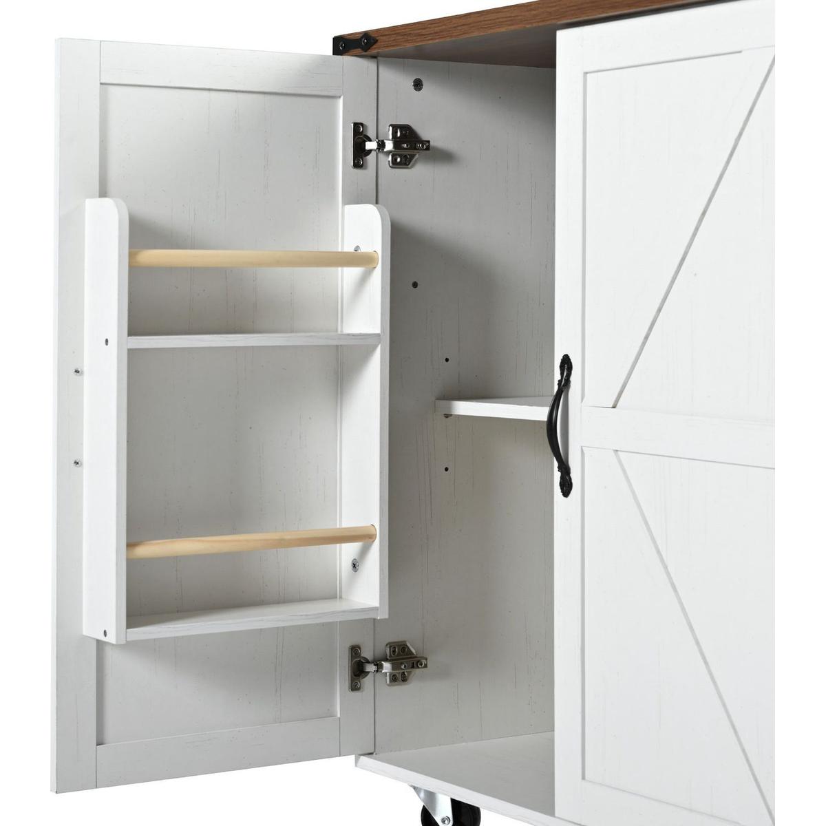 54.5" Farmhouse Kitchen Island with Power Outlet, Kitchen Storage Island with Internal Storage Rack, Drop Leaf, Spice Rack, Rolling Kitchen Cart on Wheels, for Home, Kitchen and Dining Room,White