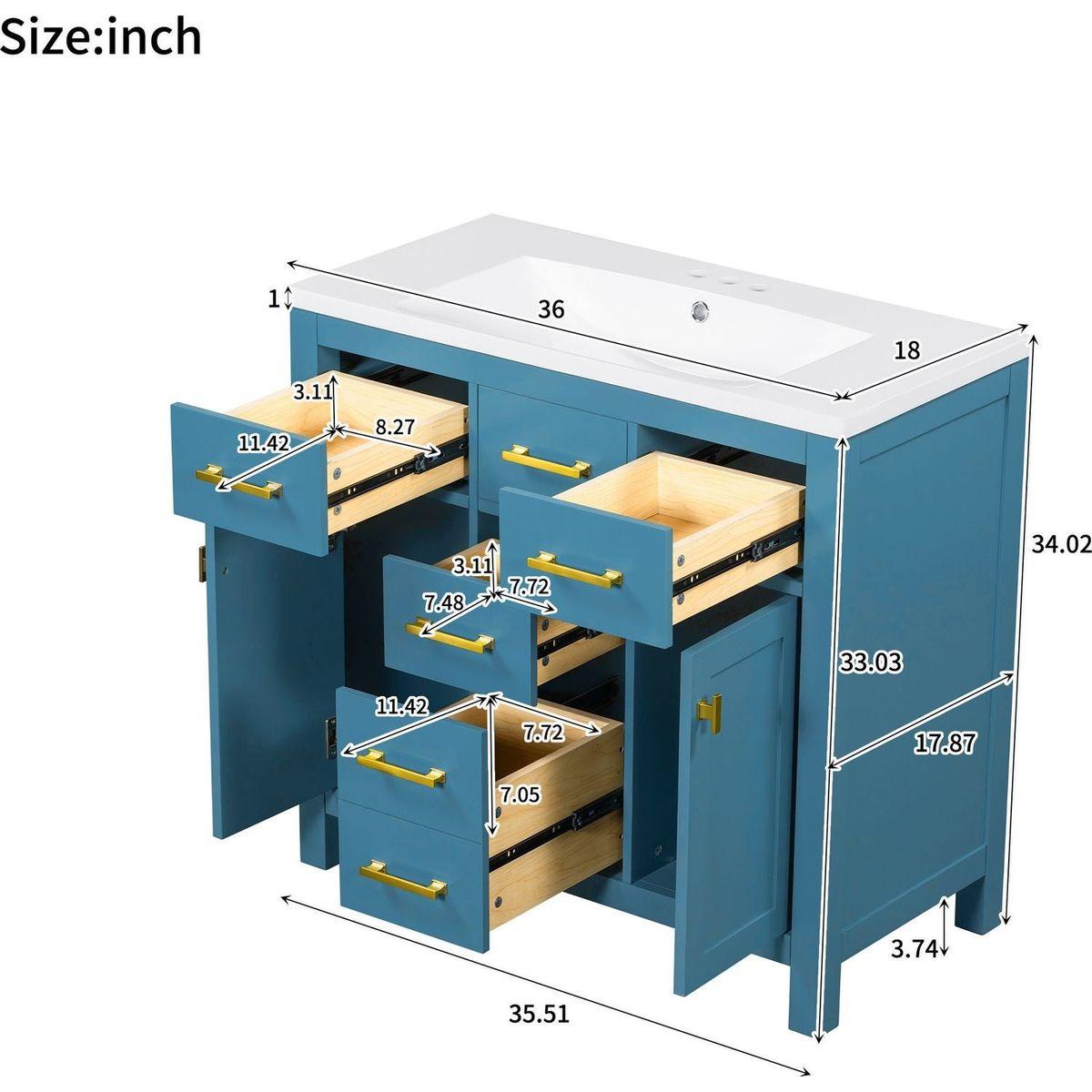 36" Bathroon Vanity with Resin Sink Combo Set,Modern Freestanding Single Bathroom Cabinet with 4 Drawers & 2 Cabinets,Storage Cabinet for Bathroom, Solid Wood Frame Vanity Set, Blue