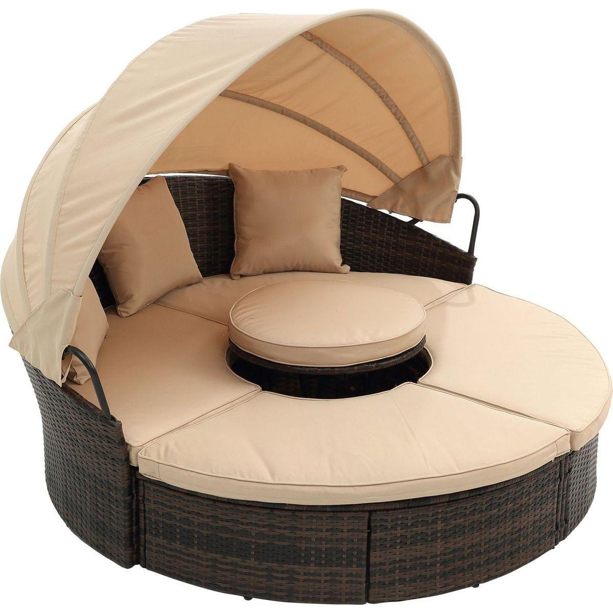 Hot Sale KD Rattan Round Lounge With Canopy Bali Canopy Bed Outdoor, Wicker Outdoor Sofa Bed with lift coffee table