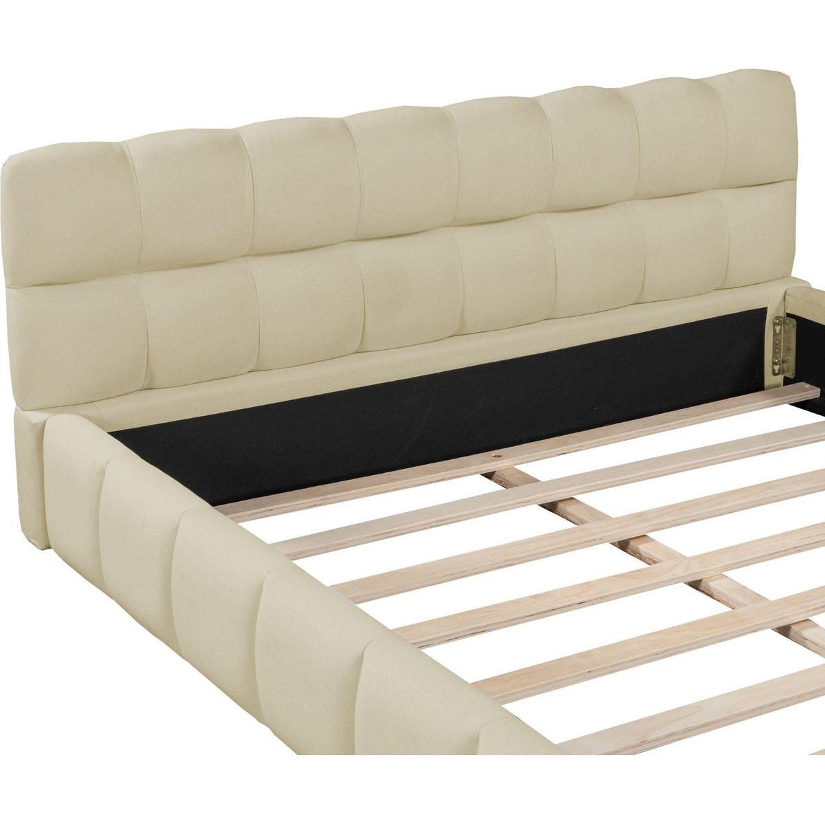 Queen Size Upholstered Platform Bed with Thick Fabric, Grounded Bed with Solid Frame, Beige
