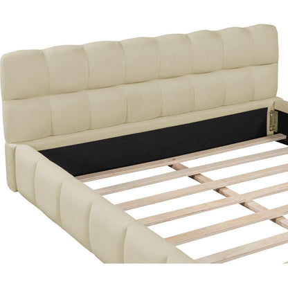 Queen Size Upholstered Platform Bed with Thick Fabric, Grounded Bed with Solid Frame, Beige