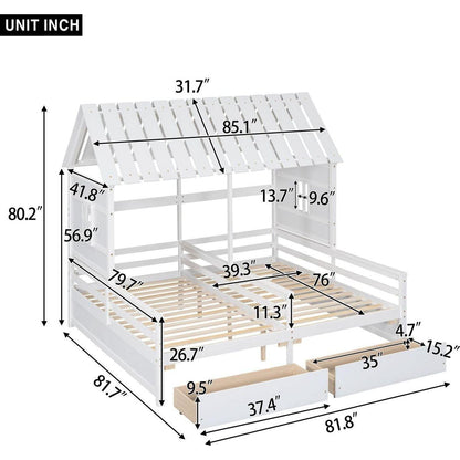 Twin Size House Platform Beds with Two Drawers for Boy and Girl Shared Beds, Combination of 2 Side by Side Twin Size Beds,White