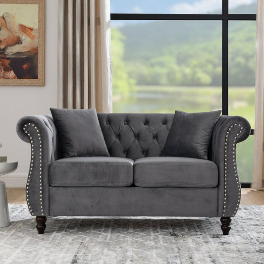 58.8" Chesterfield Sofa Grey Velvet for Living Room, 2 Seater Sofa Tufted Couch with Rolled Arms and Nailhead for Living Room, Bedroom, Office, Apartment, two pillows