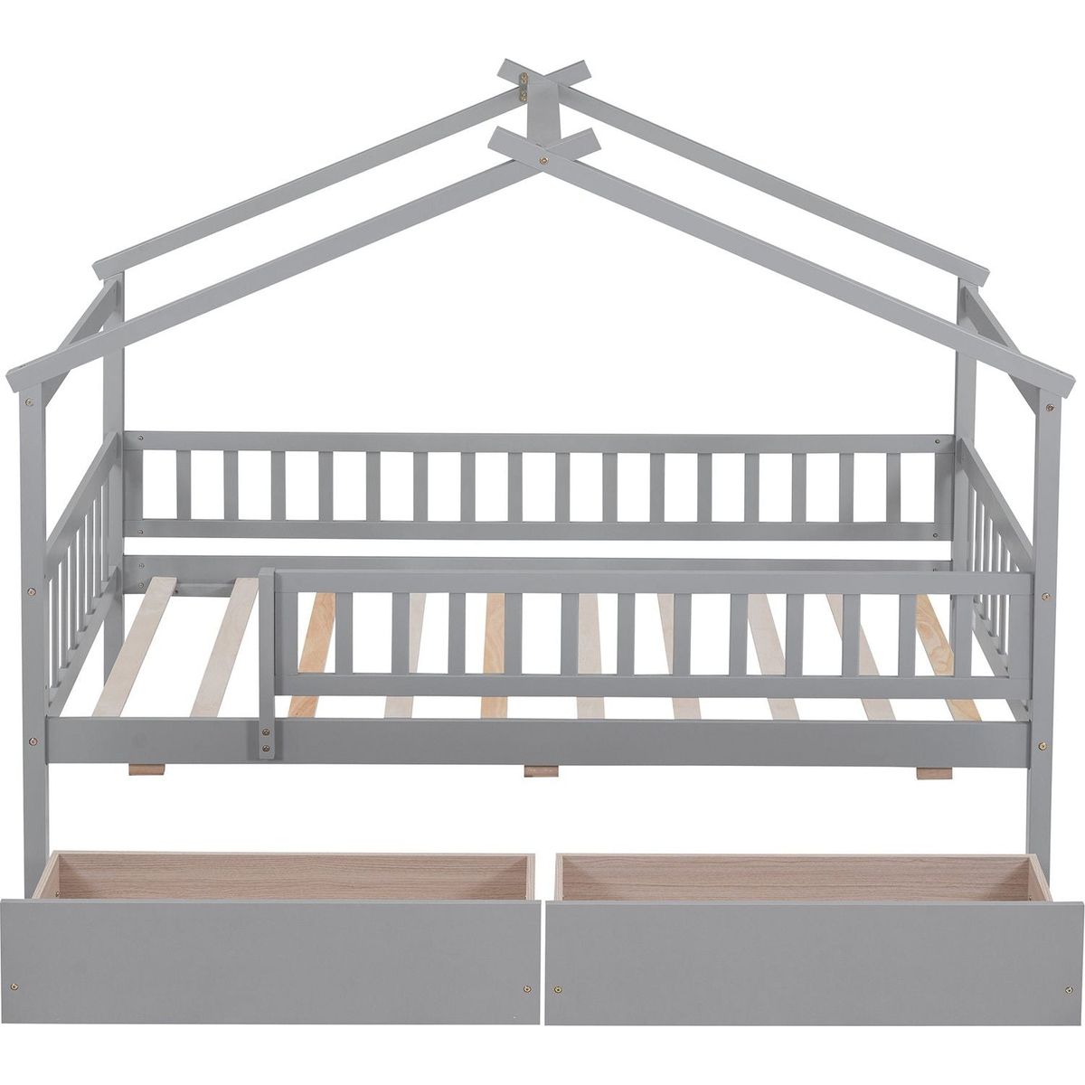 Twin Size Wooden House Bed with Two Drawers, Gray