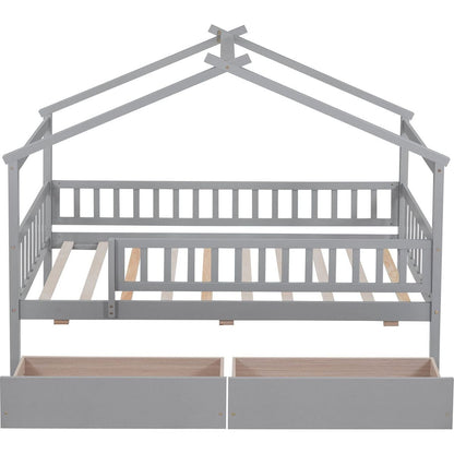 Twin Size Wooden House Bed with Two Drawers, Gray