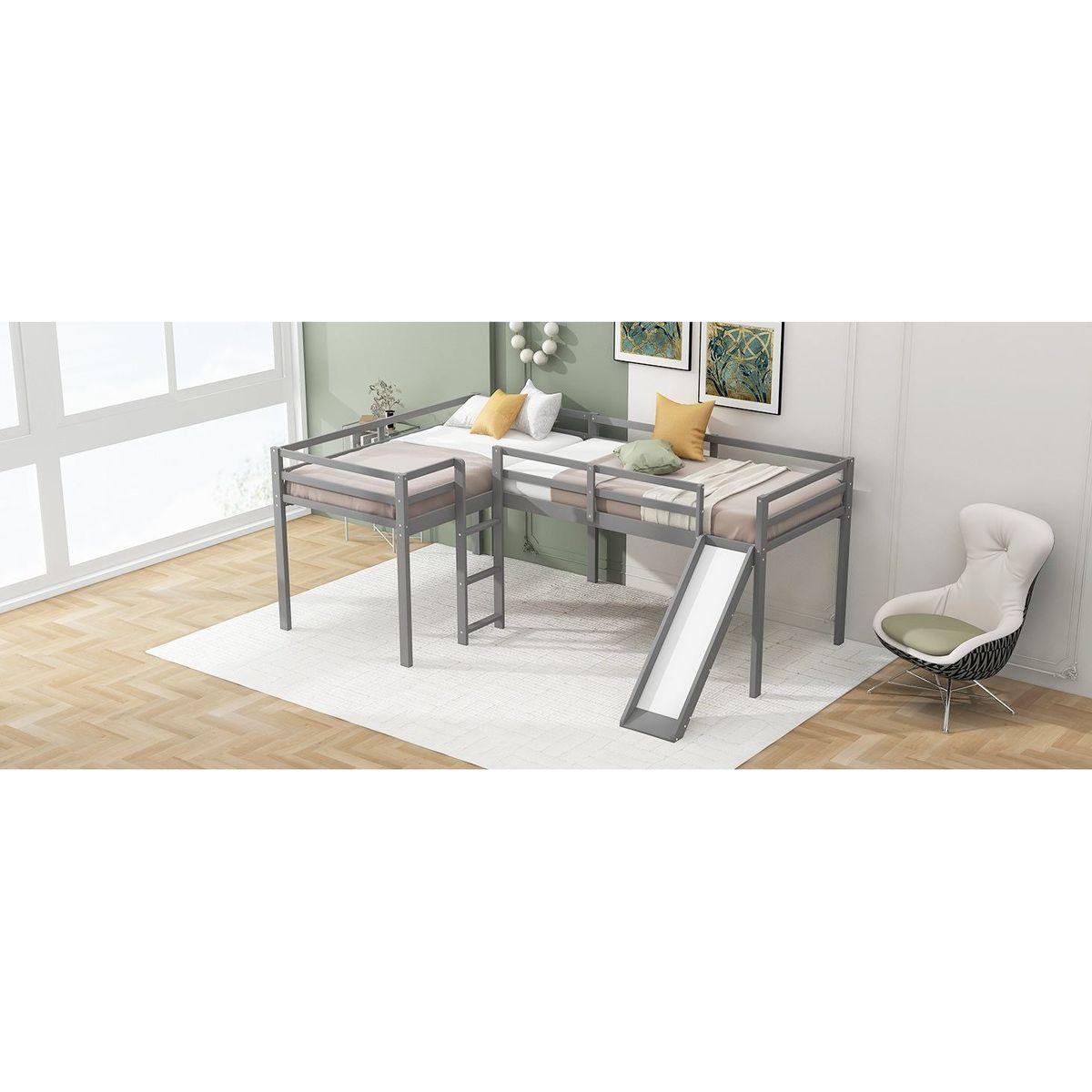 L-Shaped Twin Size Loft Bed with Ladder and Slide, Gray