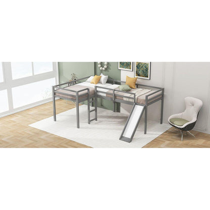 L-Shaped Twin Size Loft Bed with Ladder and Slide, Gray