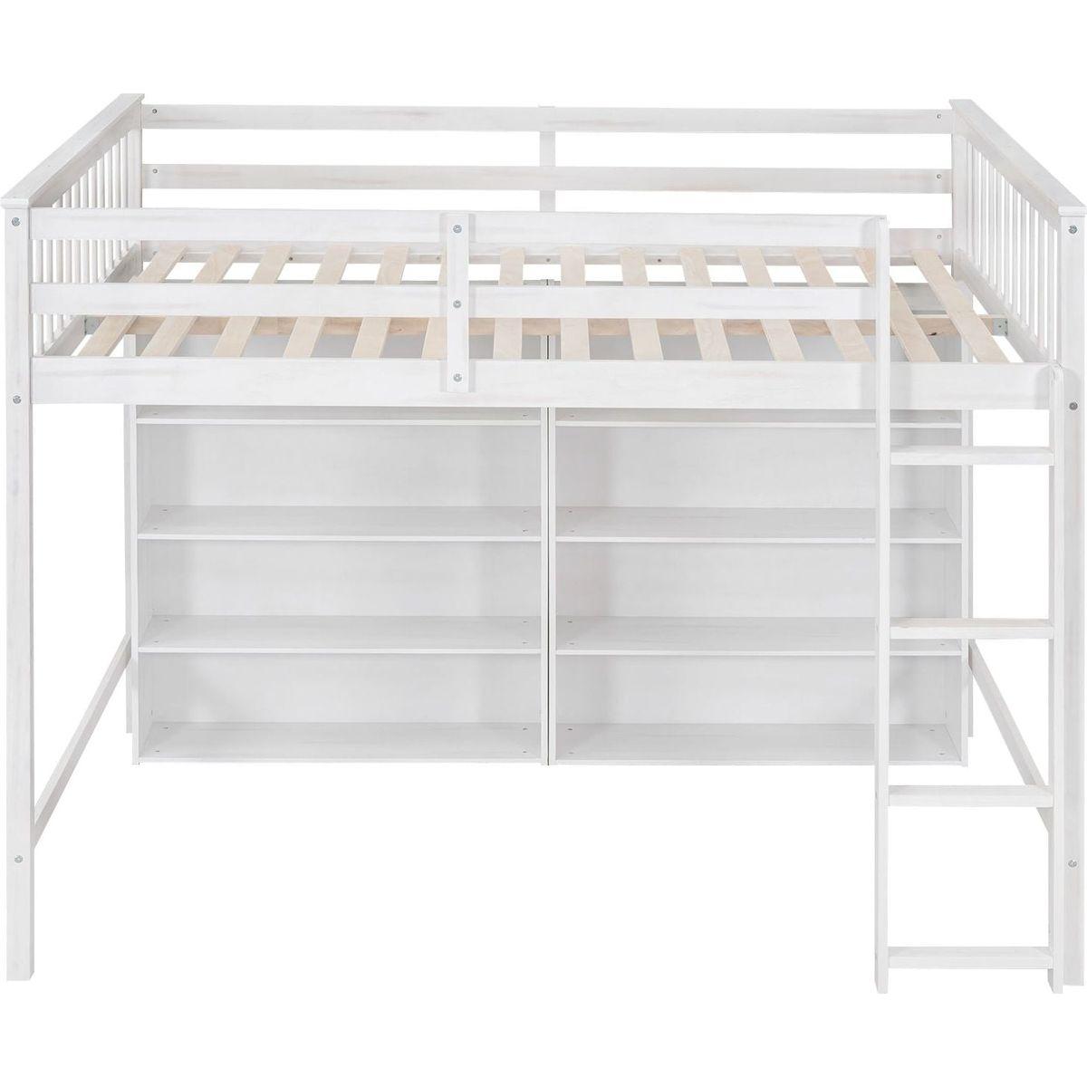 Full Size Loft Bed with 8 Open Storage Shelves and Built-in Ladder, White