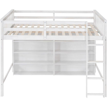 Full Size Loft Bed with 8 Open Storage Shelves and Built-in Ladder, White