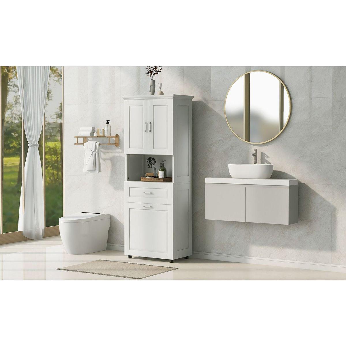 Tall Bathroom Cabinet with Laundry Basket, Large Storage Space Tilt-Out Laundry Hamper and Upper Storage Cabinet, White