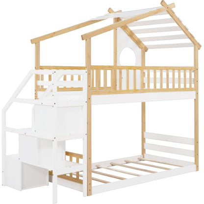 Stairway Twin-Over-Twin Bunk Bed,House Bed,Storage and Guard Rail,Natural Bed +White Stair