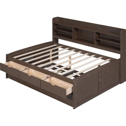 Full Size Wooden Captain Bed with Built-in Bookshelves,Three Storage Drawers and Trundle,Antique Grey - Streamdale Furniture