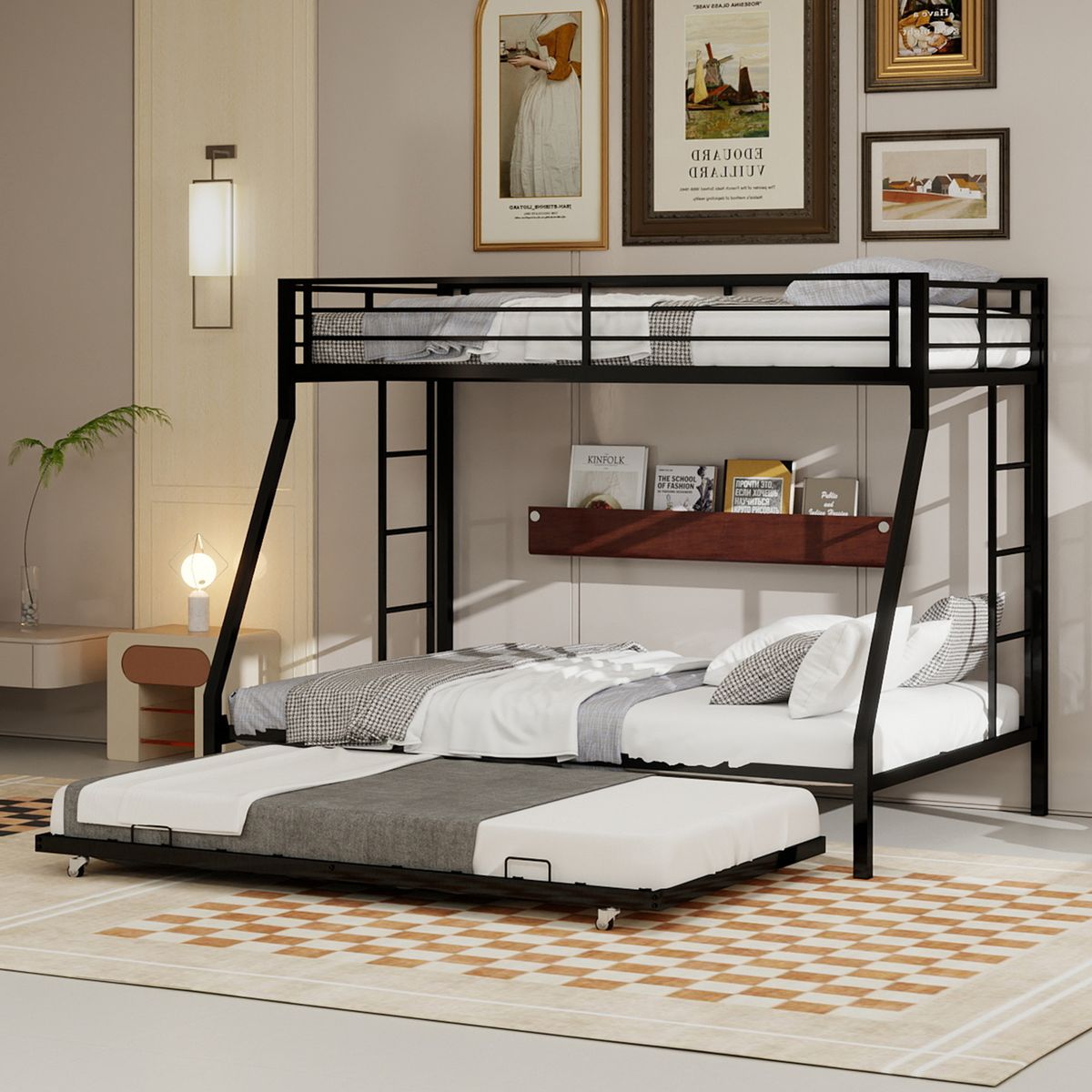 High - Stability Square Tube Bunk Bed, Featuring Ladder & Rolling Trundle, Modern Minimalist Look, Strong Load - Bearing for Home, Dormitory & Guest Room Needs-Queen Size - 153cm x 203cm-Black