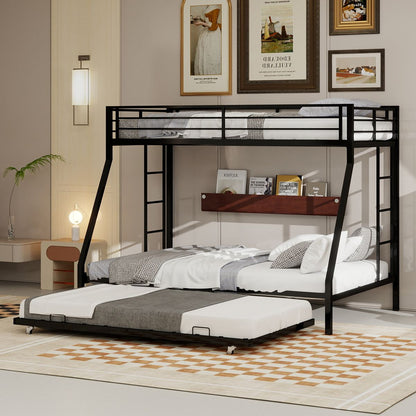 High - Stability Square Tube Bunk Bed, Featuring Ladder & Rolling Trundle, Modern Minimalist Look, Strong Load - Bearing for Home, Dormitory & Guest Room Needs-Queen Size - 153cm x 203cm-Black