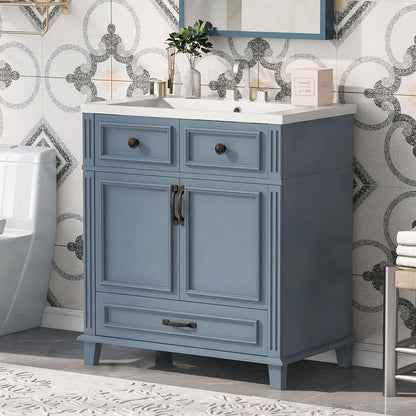 30" Bathroom Vanity with Resin Sink,Solid Wood Frame Bathroom Storage Cabinet with Soft Closing Doors,Retro Style, Blue