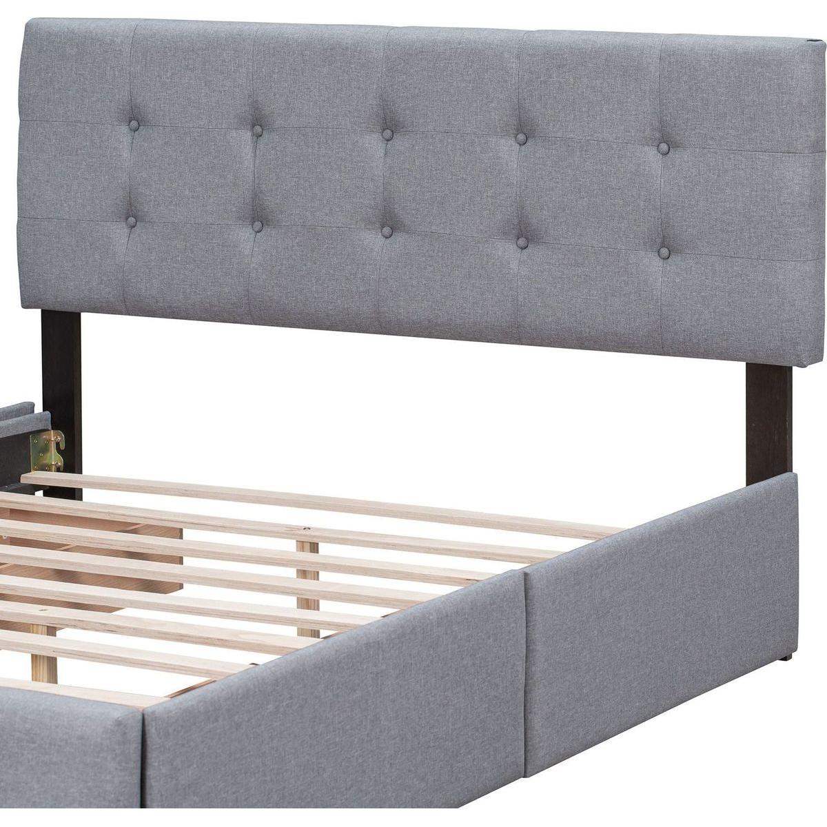 Upholstered Platform Bed with Classic Headboard and 4 Drawers, No Box Spring Needed, Linen Fabric, Queen Size Light Gray