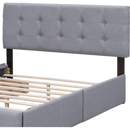 Upholstered Platform Bed with Classic Headboard and 4 Drawers, No Box Spring Needed, Linen Fabric, Queen Size Light Gray