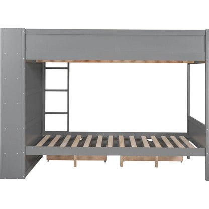 Full over Full Bunk Bed With 2 Drawers and Multi-layer Cabinet, Gray